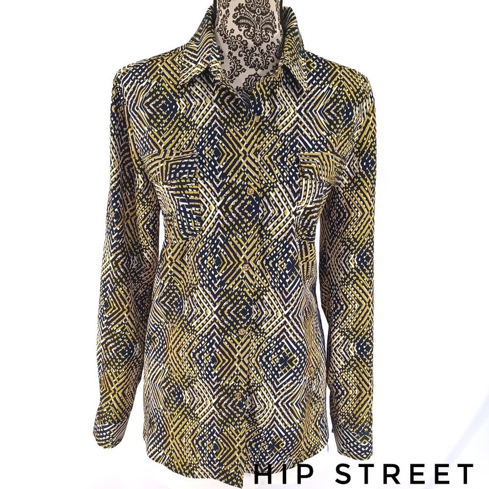 ANNE KLEIN LS Roll Tab Button Front Print Blouse M